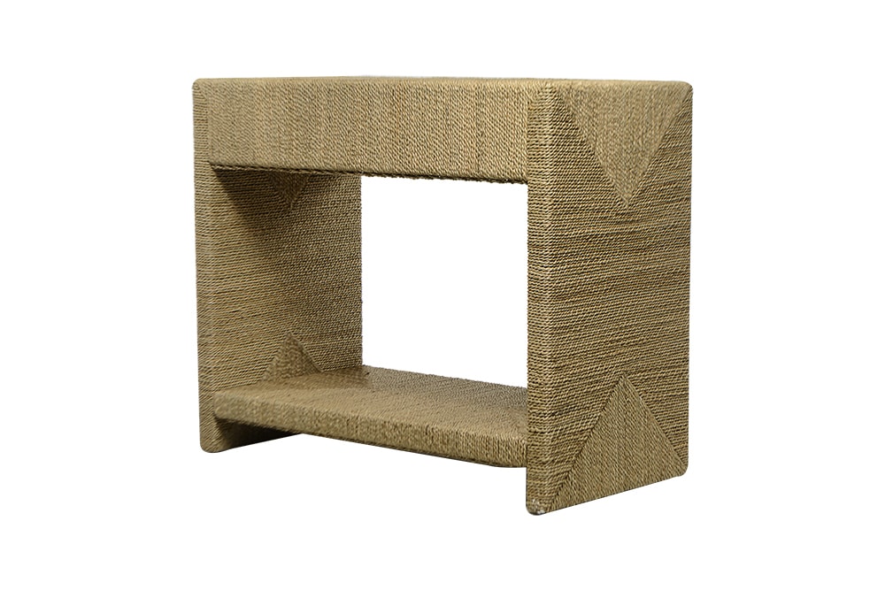 Rope side table with a drawer, in a natural finish, made from mahogany wood.