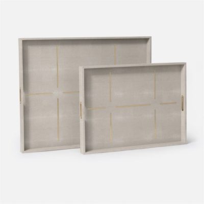 Two large rectangular trays with a faux shagreen finish and brass insets, presented against a white background.