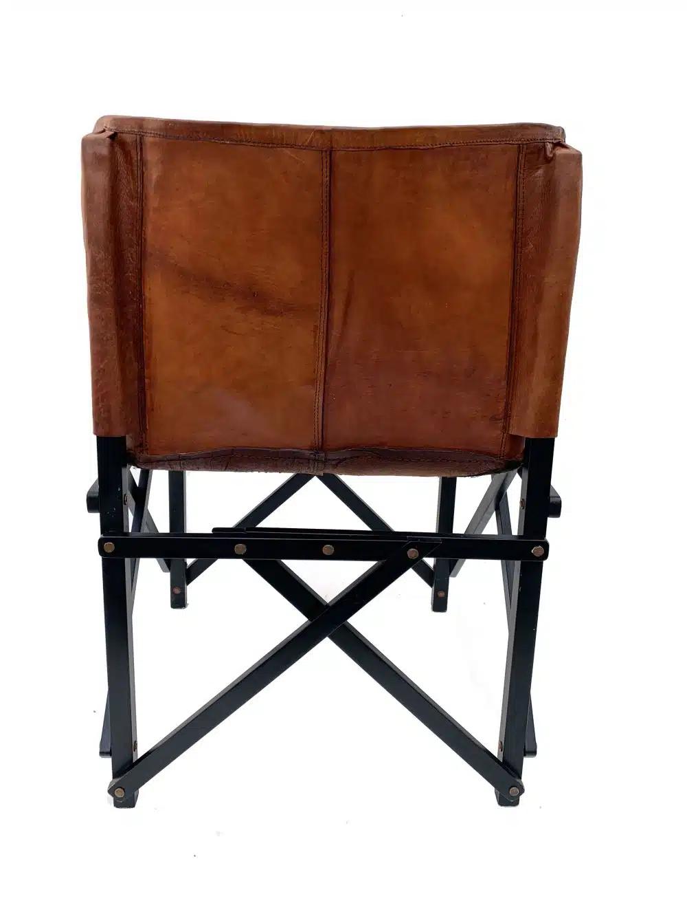 Leather Paris Cafe Chair with a teak frame and dark stain on a black metal stand.
