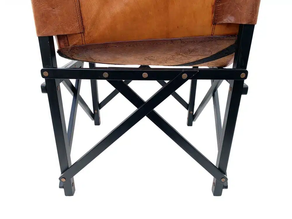 Leather Paris Cafe Chair with teak frame, stained dark brown, featuring a loose cushion and hand tanned leather upholstery.