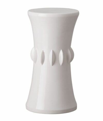 White ceramic table with spoked design, sitting on stand.