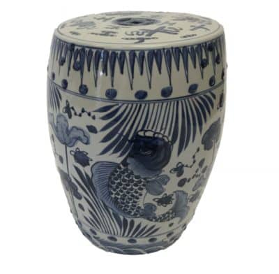 Blue and white porcelain fish stool, hand fired and hand glazed with unique texture and glaze pitting, small imperfections.