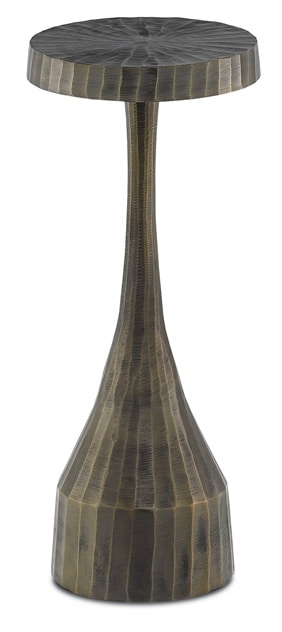 A tall modern side table with a unique design featuring a dark brown textured base and a narrow cylindrical top that flares
