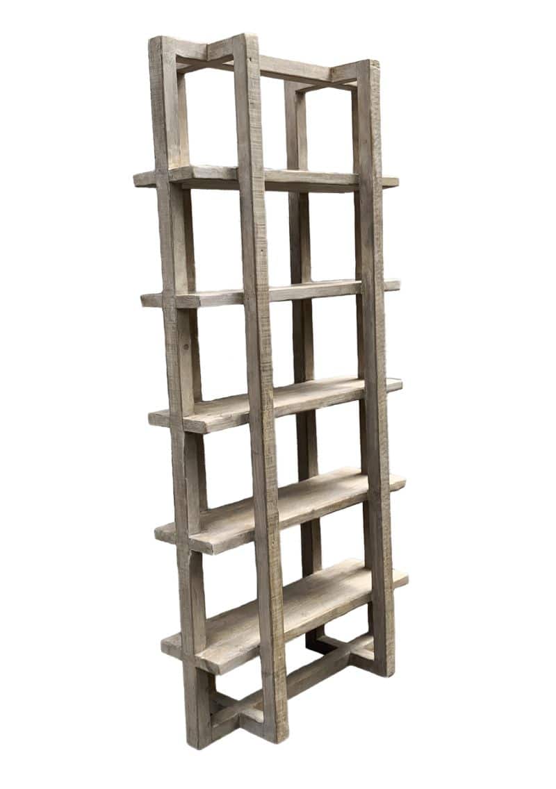 A wooden bookcase with multiple shelves, displayed in a light wash finish against a white background.