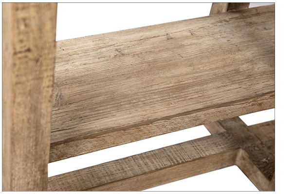 The image displays a rustic wooden bookcase with a light wash finish showcasing its reclaimed pine material It is presented in a