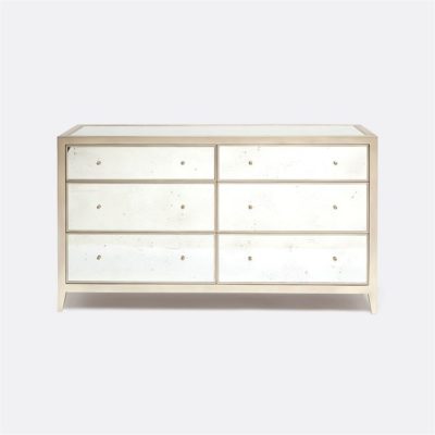 Large Nia Antiqued Mirror Dresser with four drawers, showcasing a white and silver oak finish.