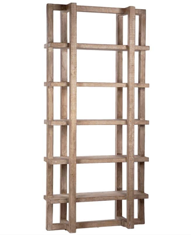 A Hans Reclaimed Wood Bookcase, showcasing its light white wash sealed finish in an elegant side profile view.