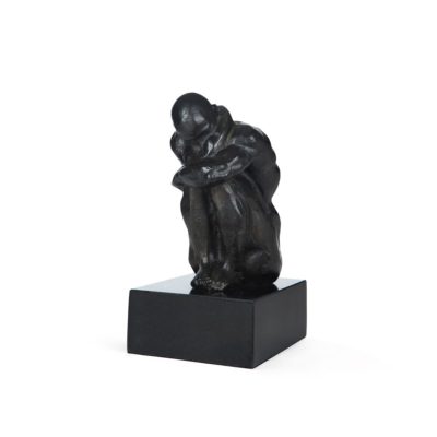 Bronze sculpture of a figure wrapped in fabric, presented on a black pedestal.