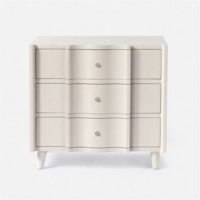 White nightstand with three drawers, featuring a faux raffia finish and knobs, against a white background.