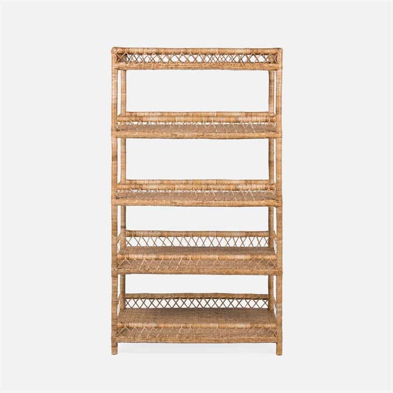The image displays a classic rattan bookcase with four shelves, available in natural woven flat rattan or white washed woven flat rattan.