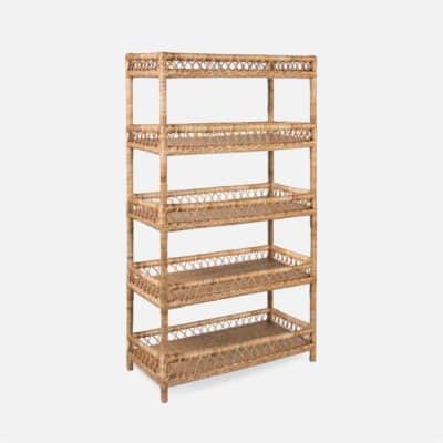 Rattan bookcase with four shelves, available in natural woven or white washed finish.