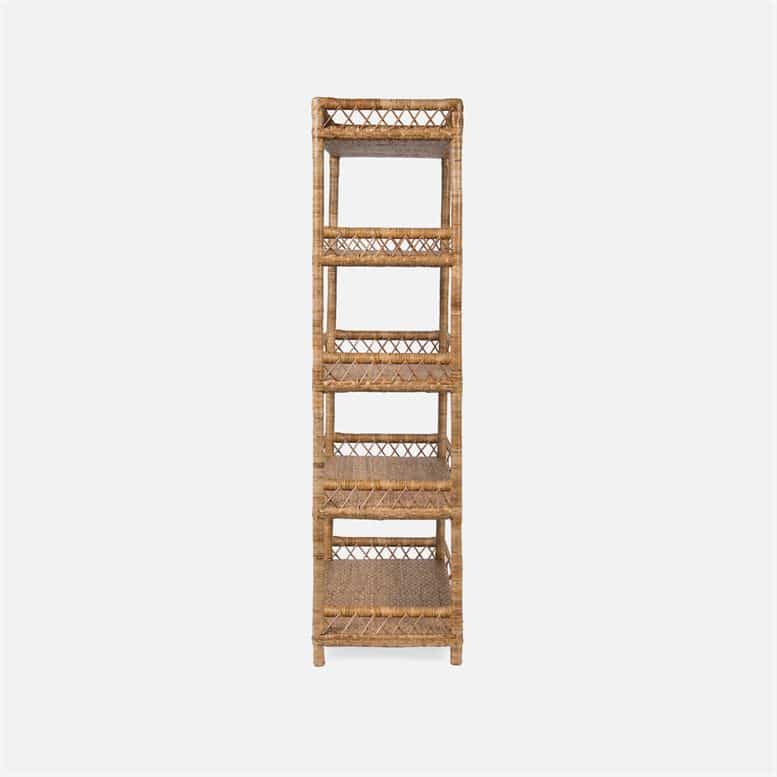 Four-shelf rattan bookcase, standing upright against a white background.