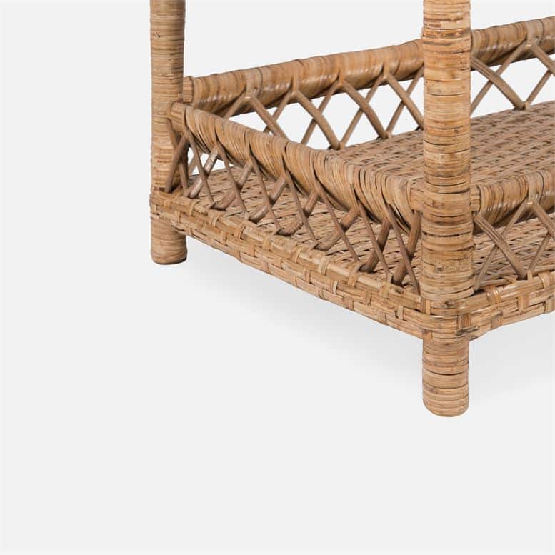 Classic rattan bookcase with 4 shelves, available in natural woven flat rattan or white washed woven flat rattan.