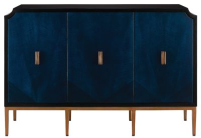 Black and brown Kalli Sapphire Buffet with glossy ebony finish and antiqued brass pulls, showcasing its sleek design and modern style.