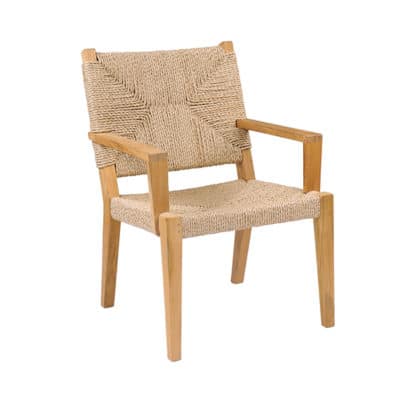Teak and rope outdoor dining armchair with woven seat and backrest.