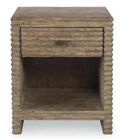Rustic wooden bedside table with a curved front and multiple shelves, available in rustic grey or white finishes.