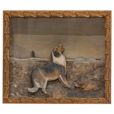 Vintage diorama featuring a dog and a snake, with intricate details and a realistic appearance, showcasing a scene from Pecos, Texas.