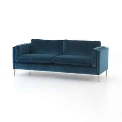Mid-Century Style Velvet Sofa with Slim Antiqued Brass Legs, available in Birch or Sapphire Velvet