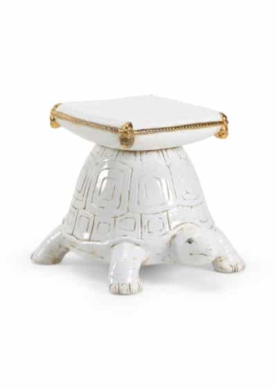 Ceramic turtle garden stool, antiqued white glaze with gold detailing