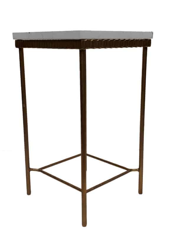 Gold and stone side table with a modern design, featuring a sleek metal frame and a white marble top.