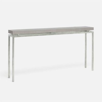 A long, narrow console table with a metallic finish and a rectangular top, placed against a white background.