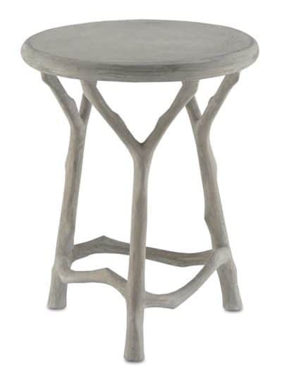 Small, wrought iron and concrete stool with a natural faux bois finish