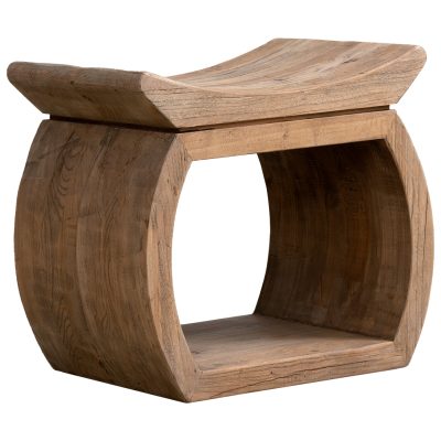 Rustic reclaimed elm stool featuring a unique circular top with a natural wood finish and curved legs offering a cozy and stylish