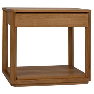 Two wooden nightstands with a golden finish, each featuring an upper drawer and bottom shelf.