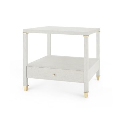 Single drawer side table with brass handle and soft closing glides, available in silver or slate blue lacquered silky grasscloth finish.