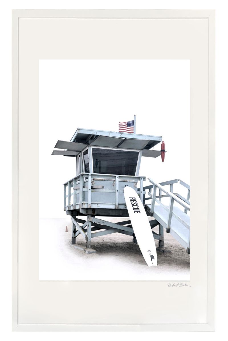 The image shows a photograph of a lifeguard station on a beach captured in a realistic style with a focus on the