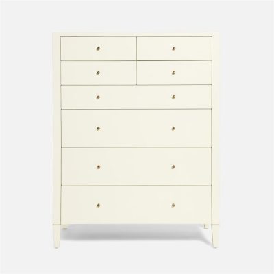 A white Hilton Tallboy Faux Raffia Dresser with eight drawers, presented in a side view.