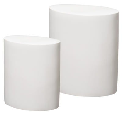 Three white ceramic stools with a glossy finish, varying in texture and color, set against a plain background.