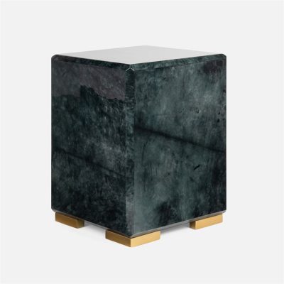 A square, dark green marble side table with a wooden base and a glossy black top.