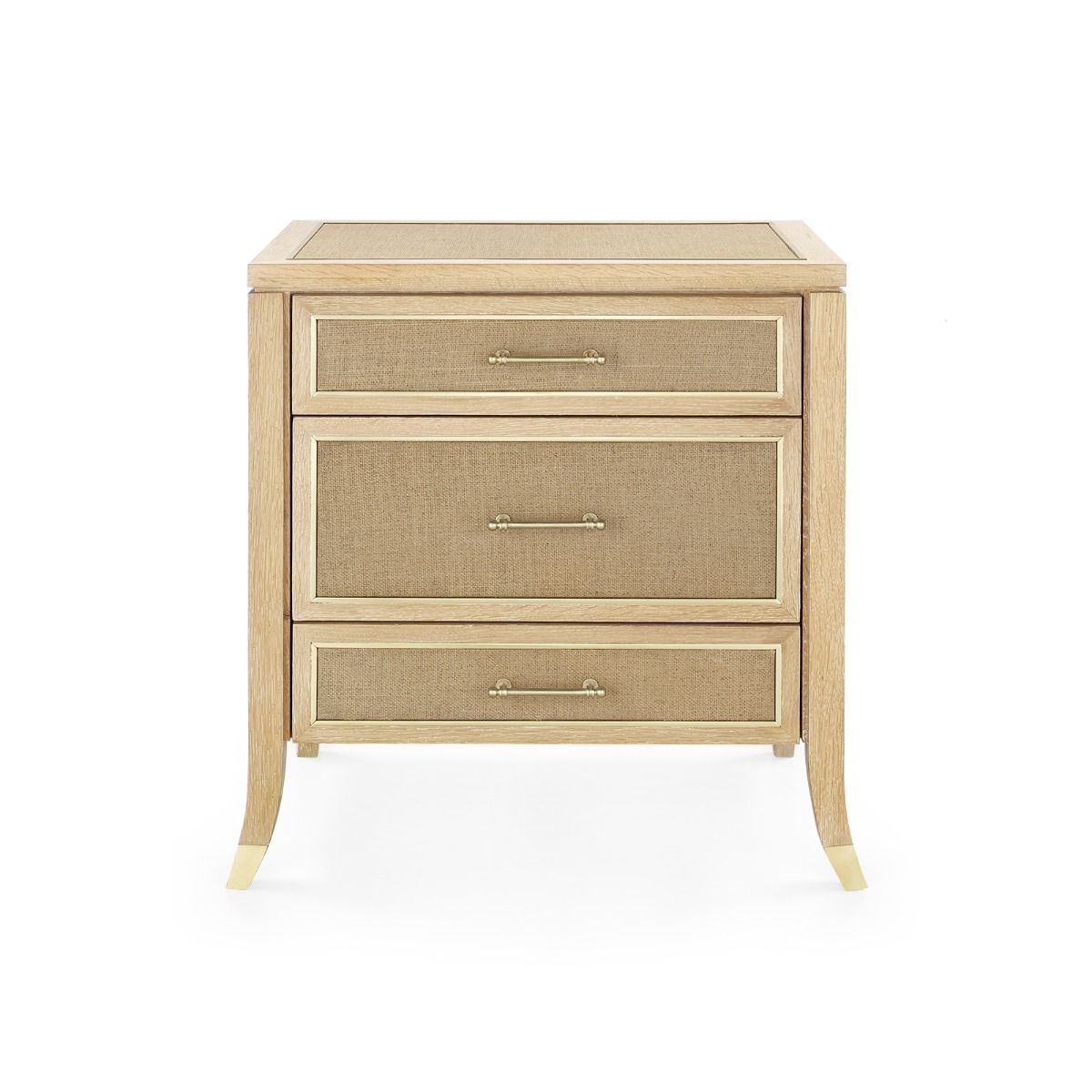 A three-drawer side table with a natural oak finish and jute paneling, set against a white background.