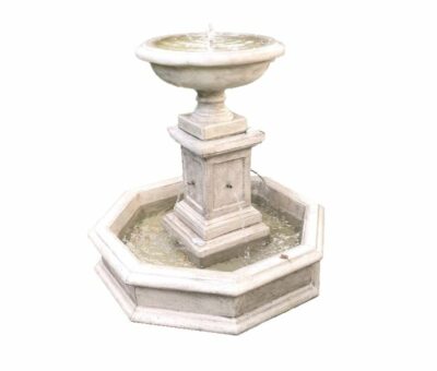 Concrete Winthrop Fountain featuring a white urn-shaped basin with a small spout at its center set against a backdrop of a pooled