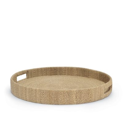 Large round seagrass rope tray with a handle, available in natural or white sand color.