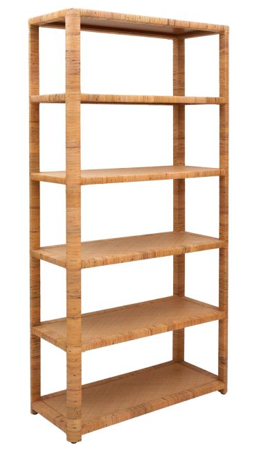 Elegant wooden bookcase with multiple shelves and a natural wicker finish showcasing a combination of rattan and raffia materials in a stylish