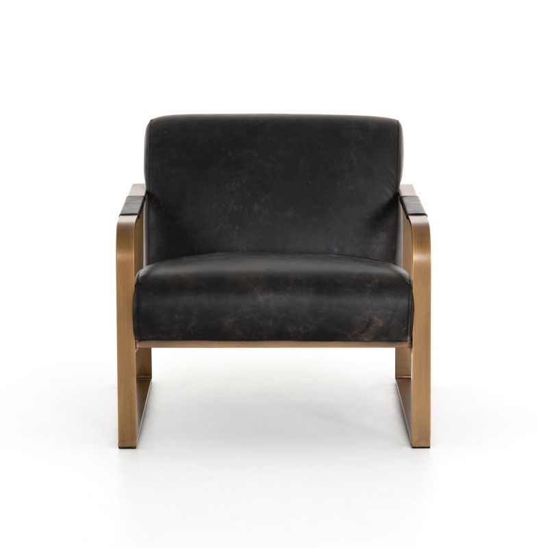 Ebony leather arm chair with brass frame, showcasing a sleek and modern design.