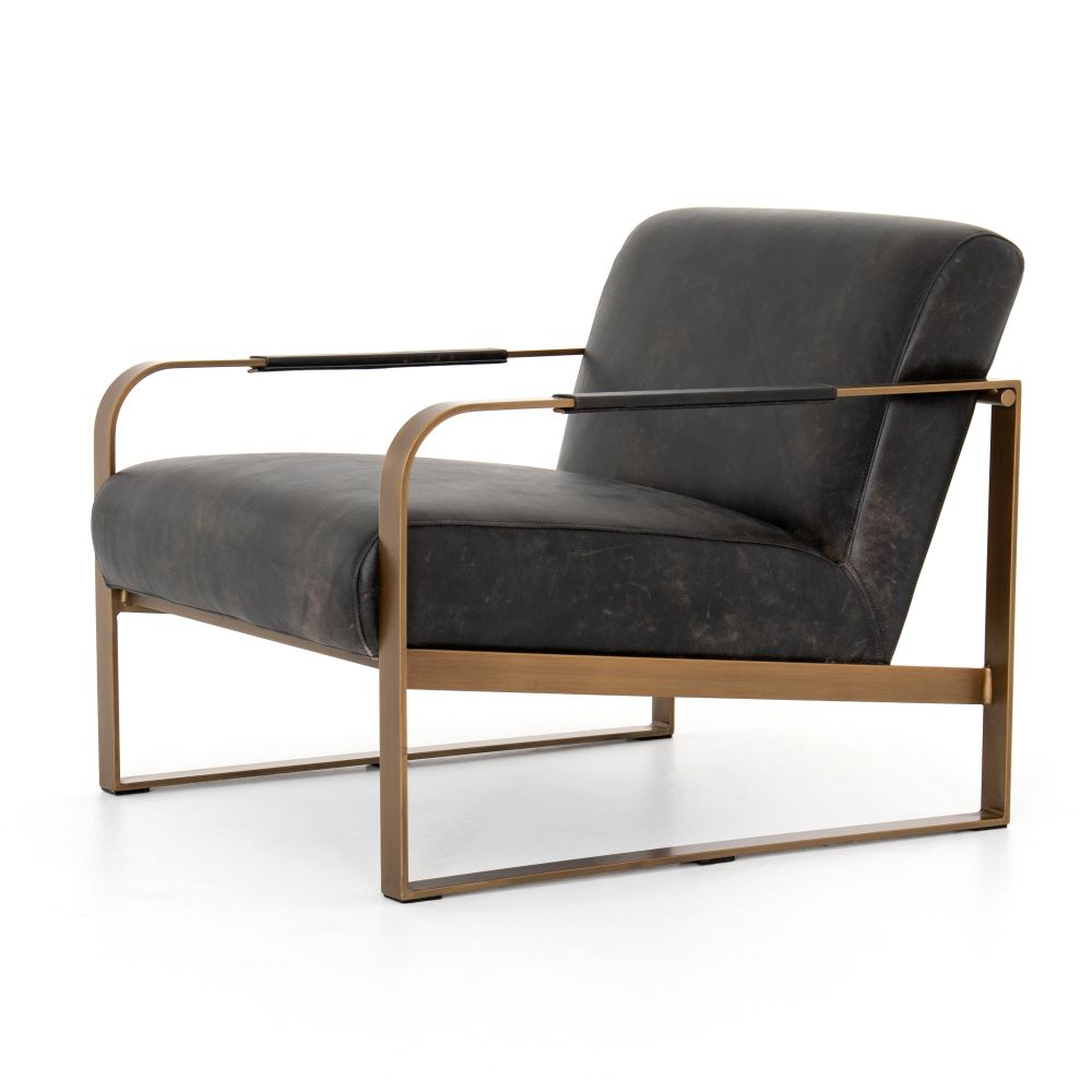Ebony leather armchair with brass frame, set against white background