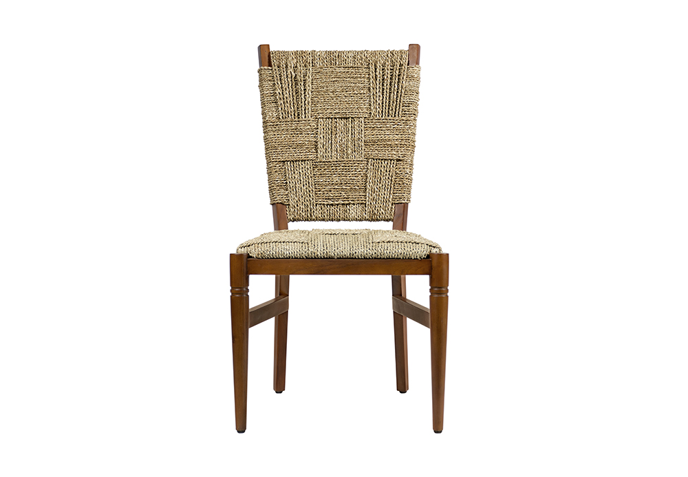 Dining chair with woven seat and teak frame, boasting a unique pattern.
