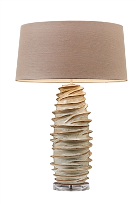 Tan and white layered faux coral ceramic lamp with gold base, resembling a seashell design.