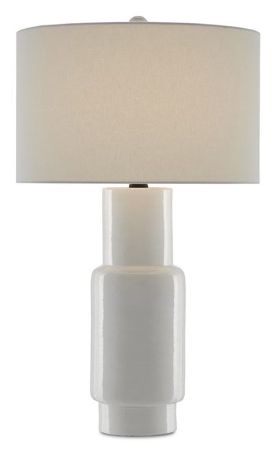 White table lamp with a cylindrical shade and matching base.