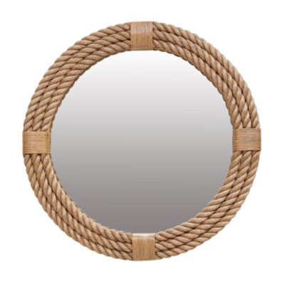 A round mirror with a wooden rope frame, showcasing a woven texture and a natural brown color.