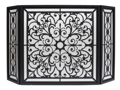 Black metal fireplace screen with intricate design, featuring a repeating pattern and a decorative border.