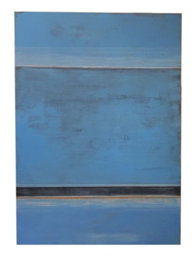 Abstract blue painting featuring vertical lines and horizontal bands, evoking a coastal theme with a focus on deep blues.