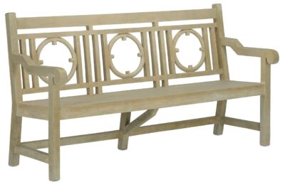 Cambridge Concrete Bench with Circle Back Motif, showing naturally occurring hairline cracks and color variations.