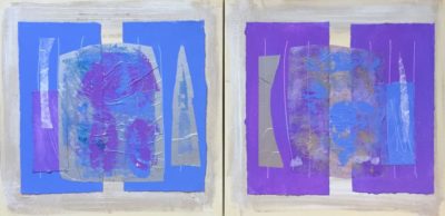 A wall art piece featuring a diptych with a blue pansy on one side and a violet background on the other with