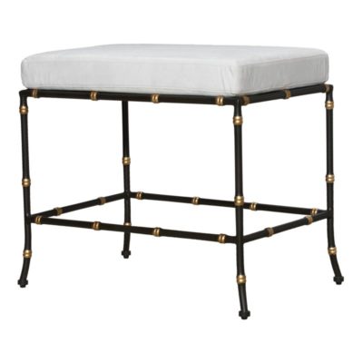 Black metal and bamboo style bench with gold accents, cream ultrasuede seat