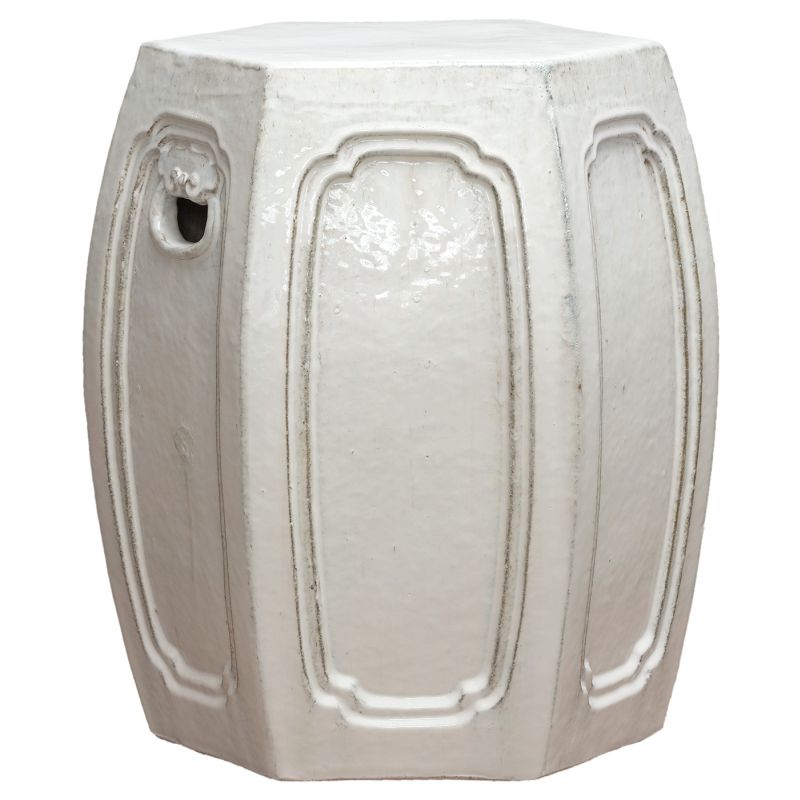 Hexagonal ceramic garden stool in rustic white, featuring unique texture and glaze imperfections, evoking a handcrafted charm.