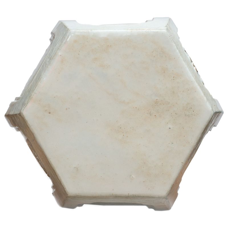 Hexagonal ceramic garden stool with unique texture and glaze pitting